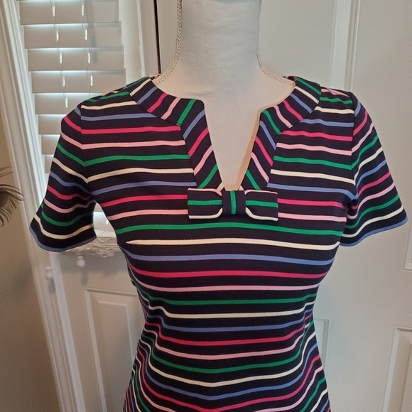 Talbots dress Womens P XS Stripes Colorful Blue Bow Neck Stretchy Shift - Picture 11 of 13
